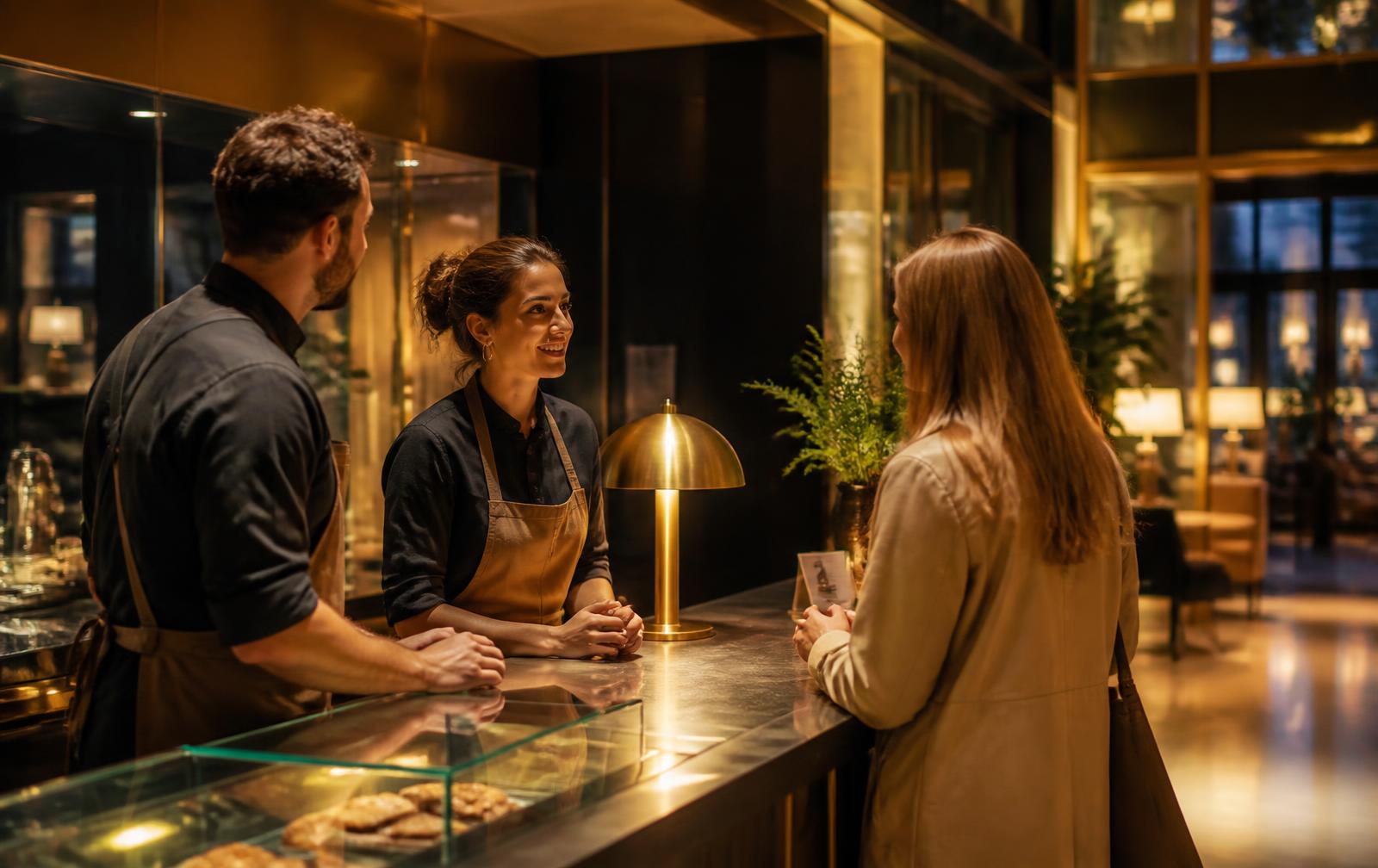 Hospitality team serving a guest in a hotel café