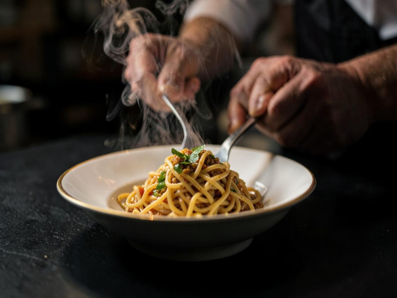 Chef plating a hot bowl